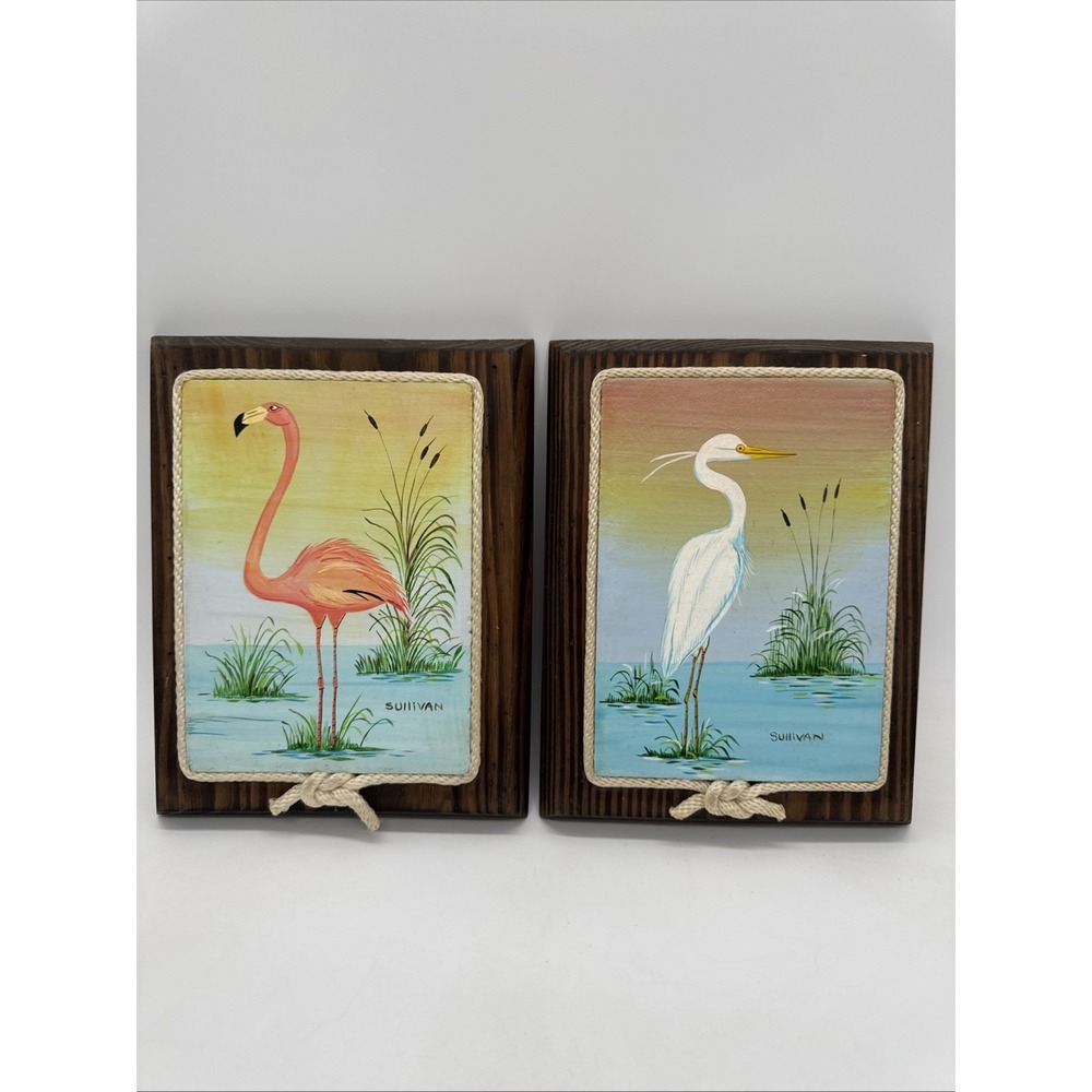 Vintage Jack Sullivan Creations Flamingo Egret Bird Wall Plaques Hand Painted
